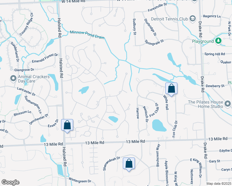 map of restaurants, bars, coffee shops, grocery stores, and more near 36800 Greenspring Street in Farmington Hills