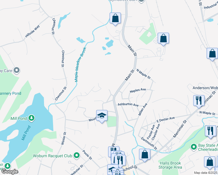 map of restaurants, bars, coffee shops, grocery stores, and more near 1020R Main Street in Woburn