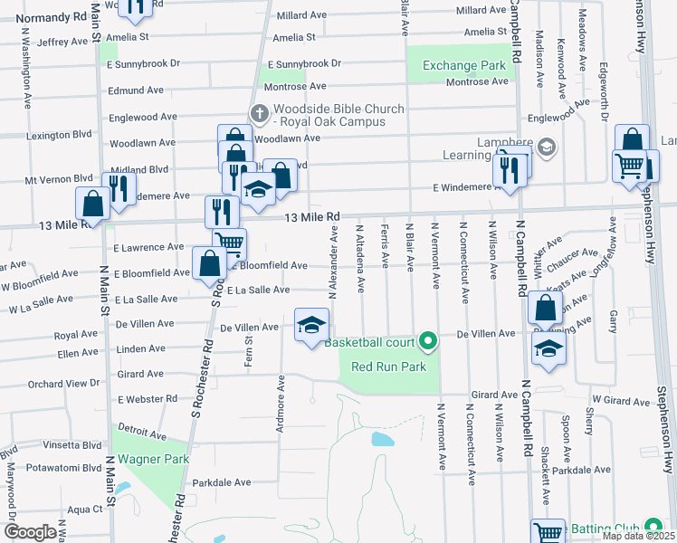 map of restaurants, bars, coffee shops, grocery stores, and more near 3018 North Alexander Avenue in Royal Oak