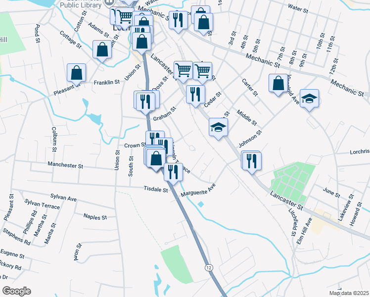 map of restaurants, bars, coffee shops, grocery stores, and more near 19 Miller Street in Leominster