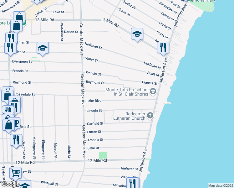 map of restaurants, bars, coffee shops, grocery stores, and more near 22704 Raymond Court in St. Clair Shores