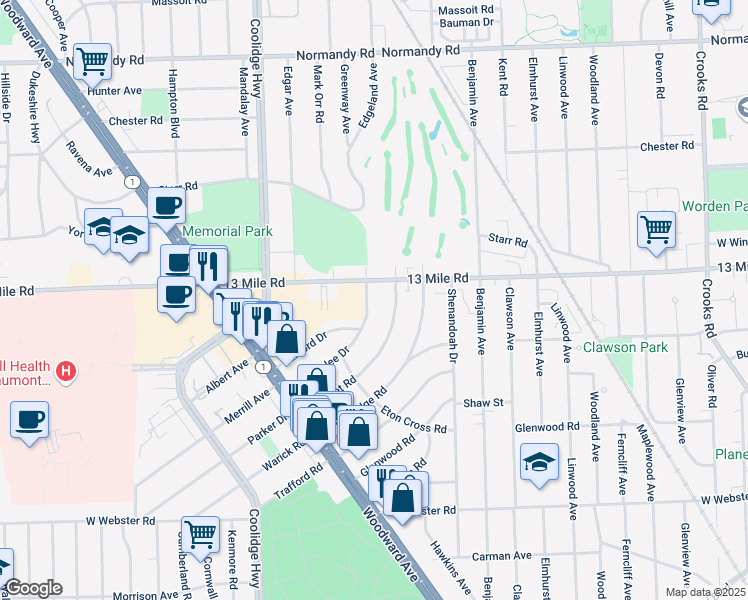 map of restaurants, bars, coffee shops, grocery stores, and more near 2819 Woodslee Drive in Royal Oak