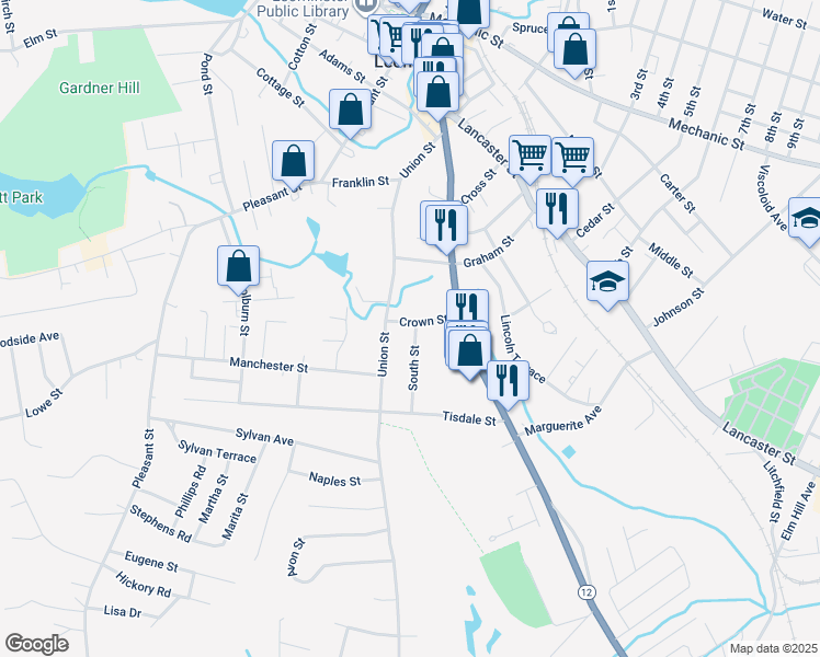 map of restaurants, bars, coffee shops, grocery stores, and more near 15 Crown Street in Leominster
