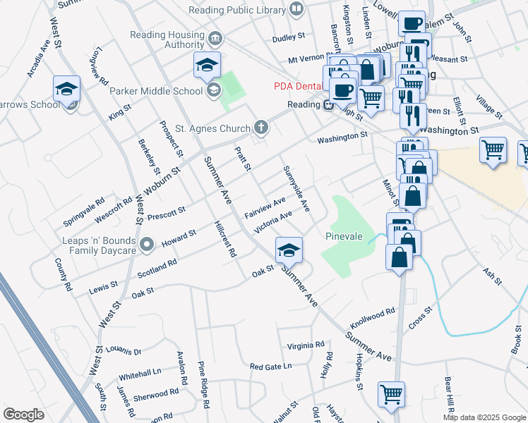 map of restaurants, bars, coffee shops, grocery stores, and more near 23 Fairview Avenue in Reading