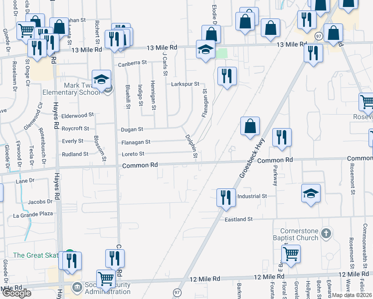 map of restaurants, bars, coffee shops, grocery stores, and more near 16047 Loreto St in Roseville