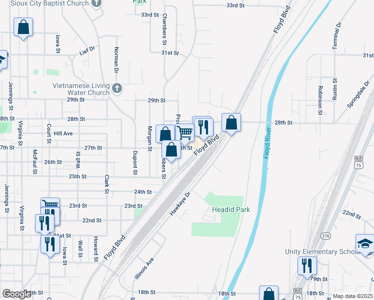map of restaurants, bars, coffee shops, grocery stores, and more near 2072 27th St in Sioux City