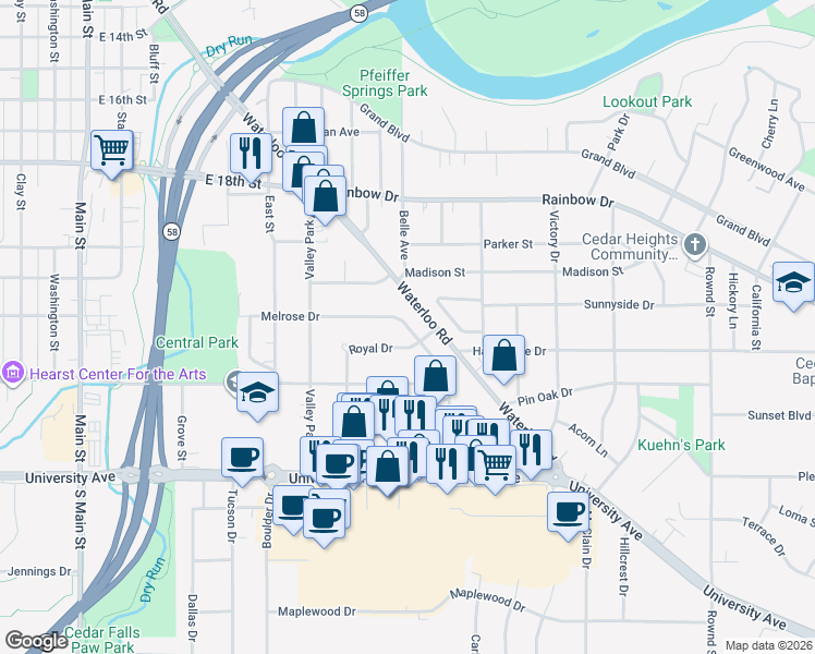 map of restaurants, bars, coffee shops, grocery stores, and more near 1107 Melrose Drive in Cedar Falls