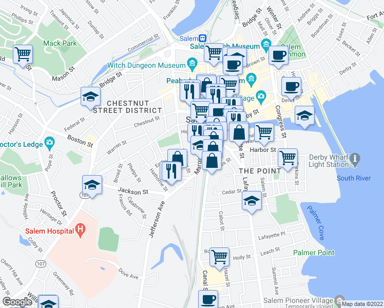 map of restaurants, bars, coffee shops, grocery stores, and more near 38 Endicott Street in Salem