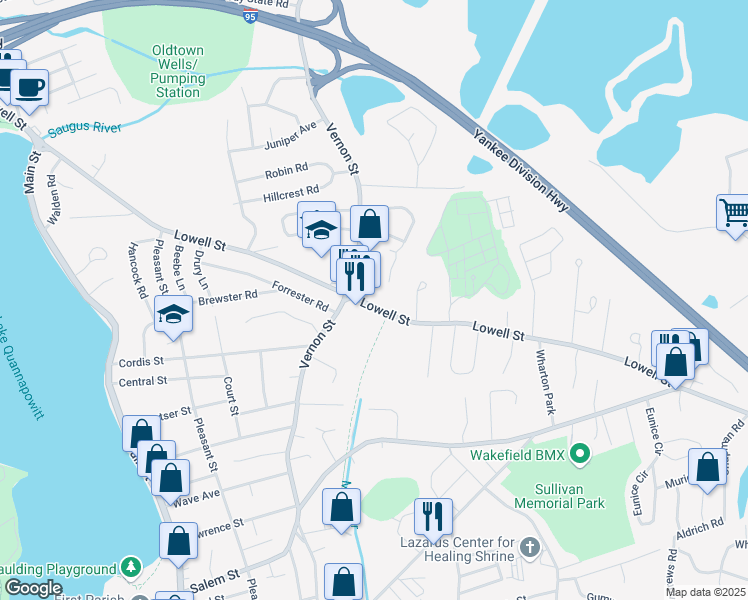 map of restaurants, bars, coffee shops, grocery stores, and more near 410 Lowell Street in Wakefield