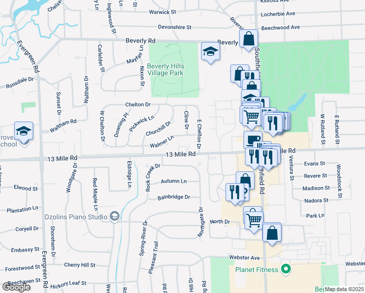map of restaurants, bars, coffee shops, grocery stores, and more near 18674 13 Mile Road in Beverly Hills