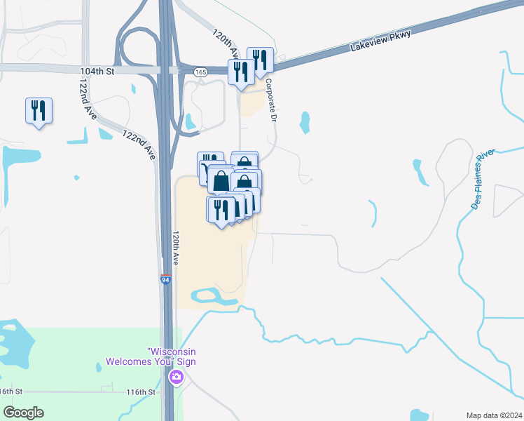 map of restaurants, bars, coffee shops, grocery stores, and more near 58 116th Avenue in Pleasant Prairie