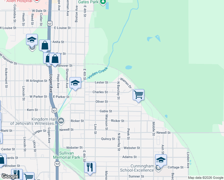 map of restaurants, bars, coffee shops, grocery stores, and more near 401 Charles Street in Waterloo