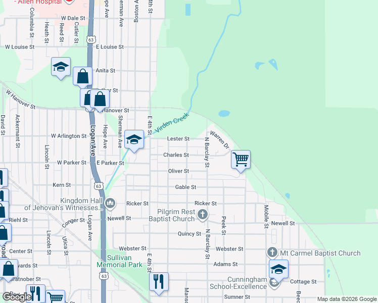 map of restaurants, bars, coffee shops, grocery stores, and more near 401 Charles Street in Waterloo