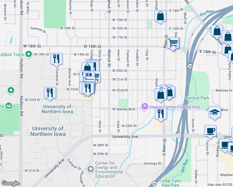 map of restaurants, bars, coffee shops, grocery stores, and more near 604 West 22nd Street in Cedar Falls