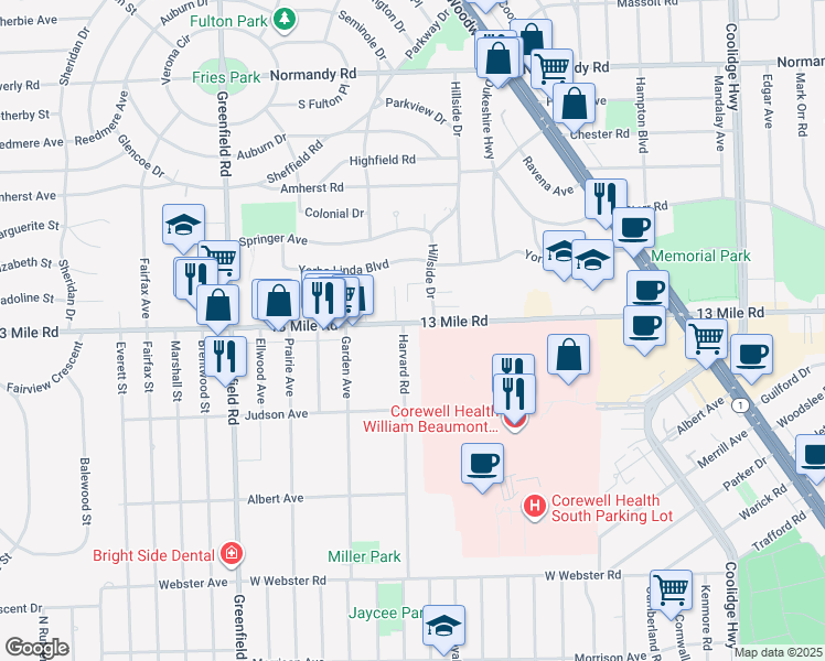 map of restaurants, bars, coffee shops, grocery stores, and more near in Royal Oak