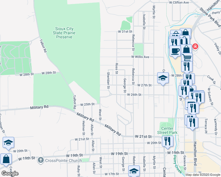 map of restaurants, bars, coffee shops, grocery stores, and more near 2626 Sheridan Street in Sioux City