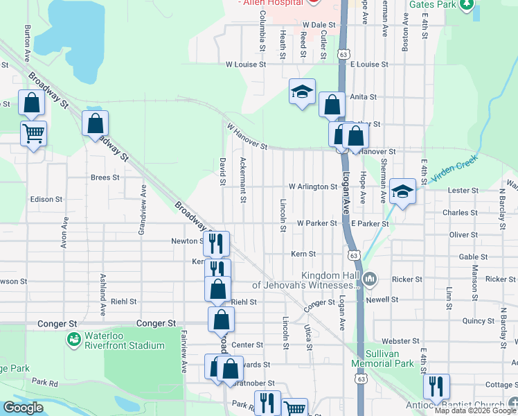 map of restaurants, bars, coffee shops, grocery stores, and more near 1123 Columbia Street in Waterloo
