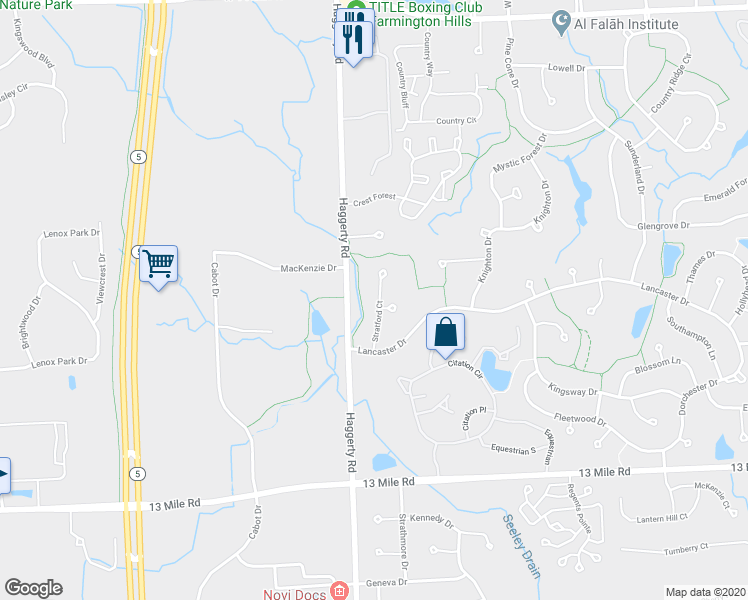 map of restaurants, bars, coffee shops, grocery stores, and more near 30397 Stratford Court in Farmington Hills
