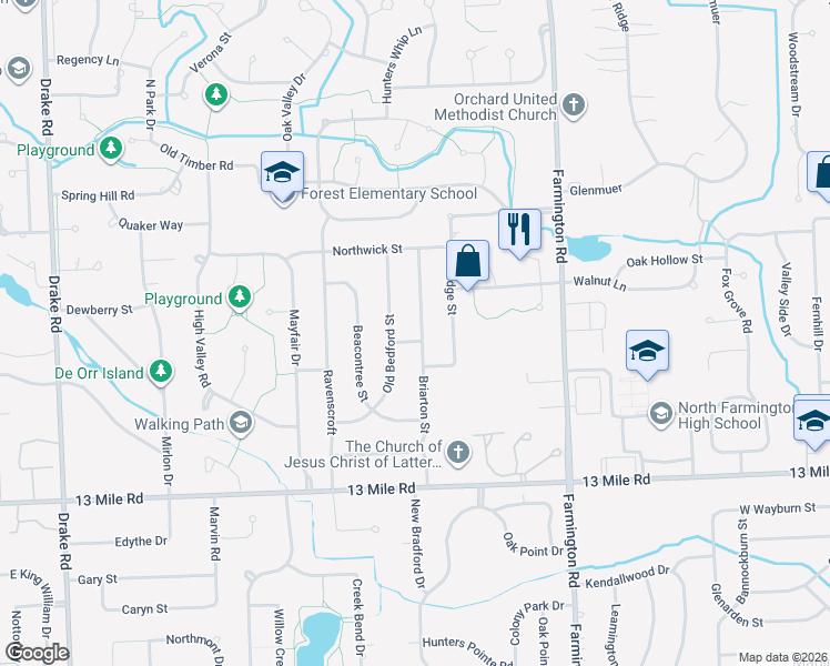 map of restaurants, bars, coffee shops, grocery stores, and more near 30019 Briarton Street in Farmington Hills