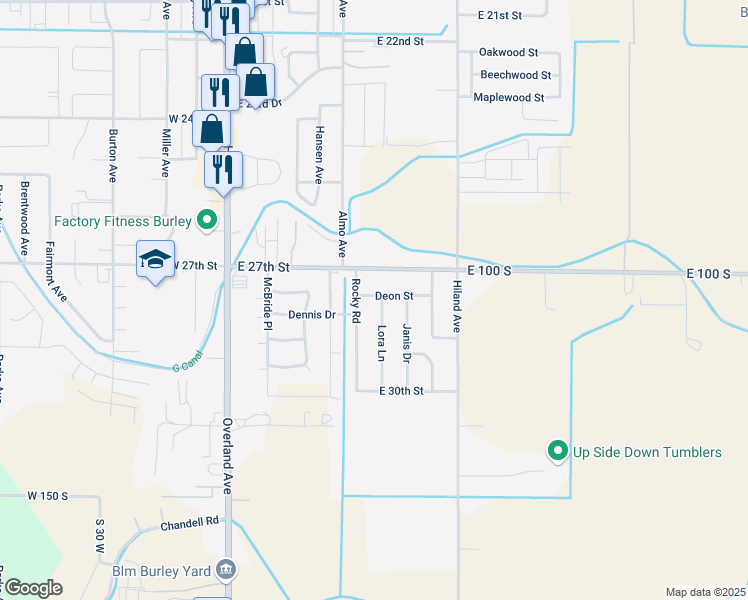 map of restaurants, bars, coffee shops, grocery stores, and more near 521 Deon Street in Burley
