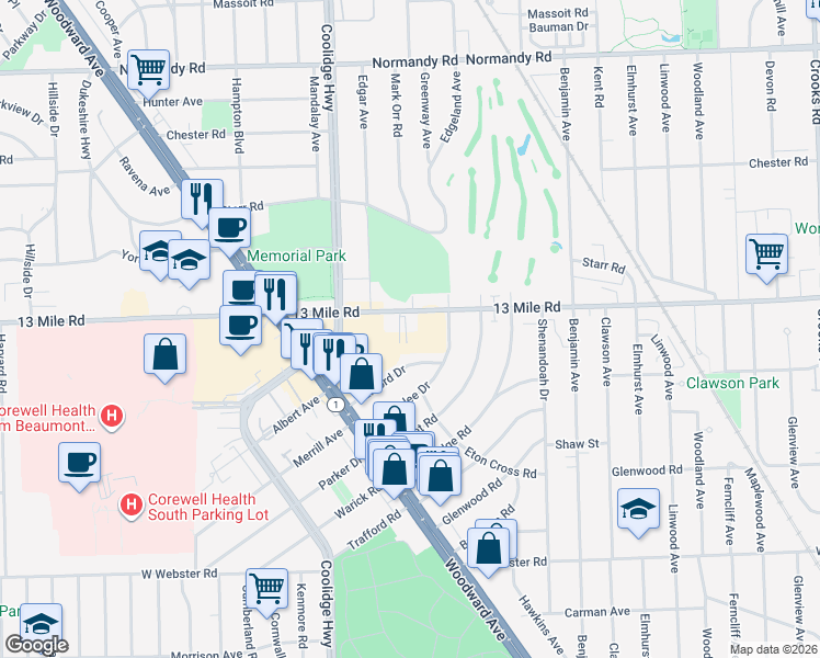 map of restaurants, bars, coffee shops, grocery stores, and more near 2925 13 Mile Road in Royal Oak