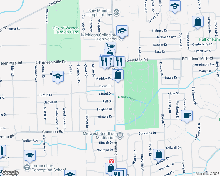 map of restaurants, bars, coffee shops, grocery stores, and more near 3832 Dawn Drive in Warren