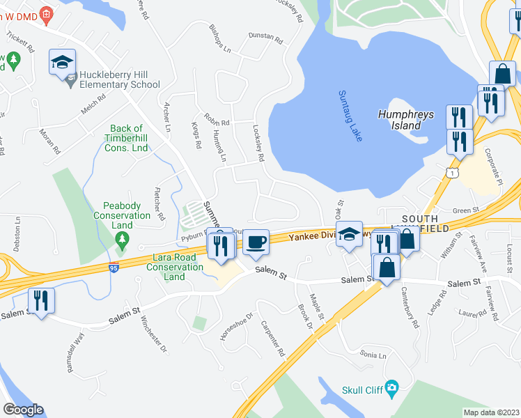 map of restaurants, bars, coffee shops, grocery stores, and more near 38 Doncaster Circle in Lynnfield