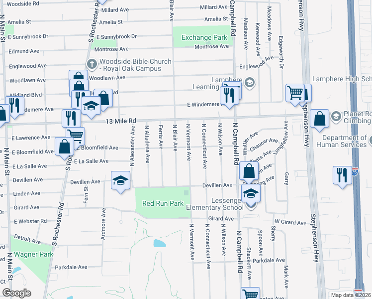 map of restaurants, bars, coffee shops, grocery stores, and more near 3035 North Vermont Avenue in Royal Oak