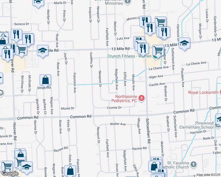 map of restaurants, bars, coffee shops, grocery stores, and more near 30546 Dover Avenue in Warren
