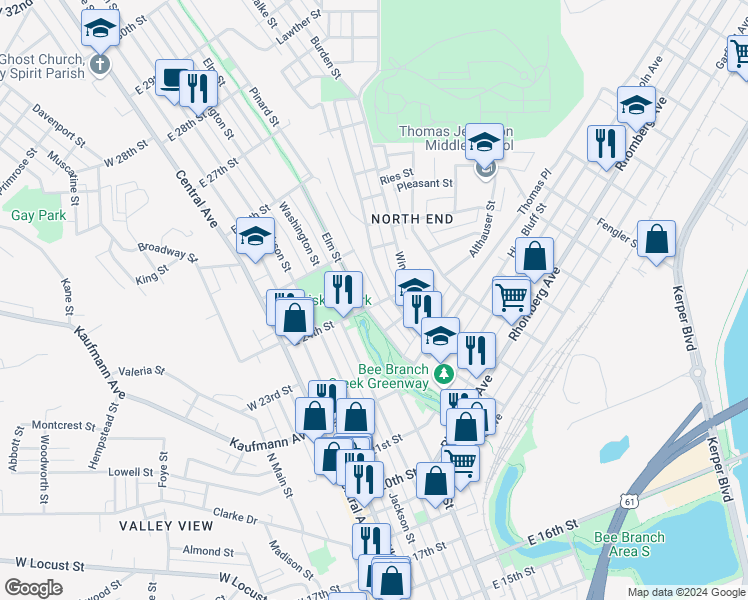 map of restaurants, bars, coffee shops, grocery stores, and more near 509 East 24th Street in Dubuque