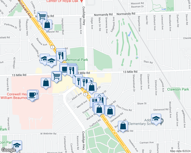 map of restaurants, bars, coffee shops, grocery stores, and more near 3019 13 Mile Road in Royal Oak