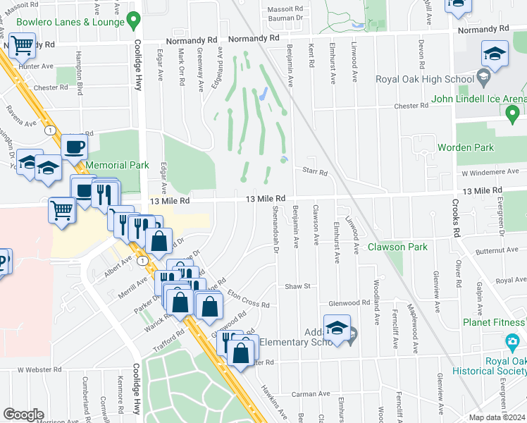map of restaurants, bars, coffee shops, grocery stores, and more near 2617 Bembridge Road in Royal Oak