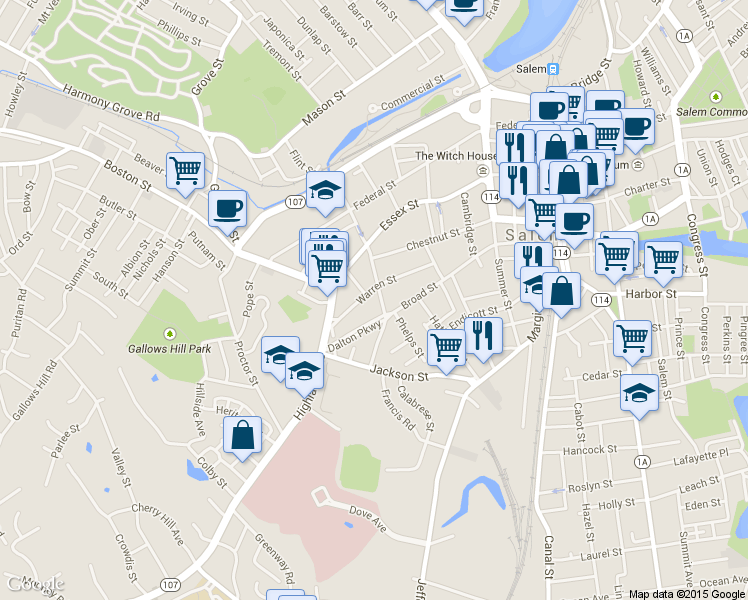map of restaurants, bars, coffee shops, grocery stores, and more near 33 Warren Street in Salem