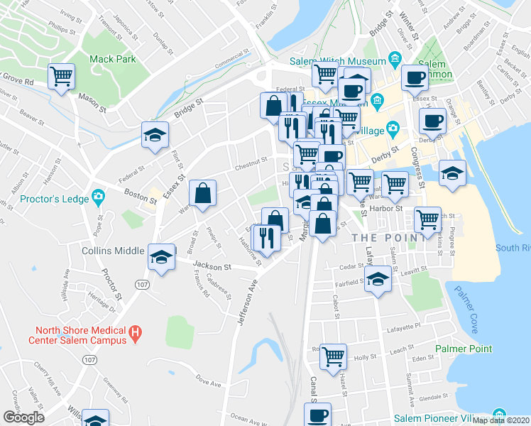 map of restaurants, bars, coffee shops, grocery stores, and more near 11 Mount Vernon Street in Salem