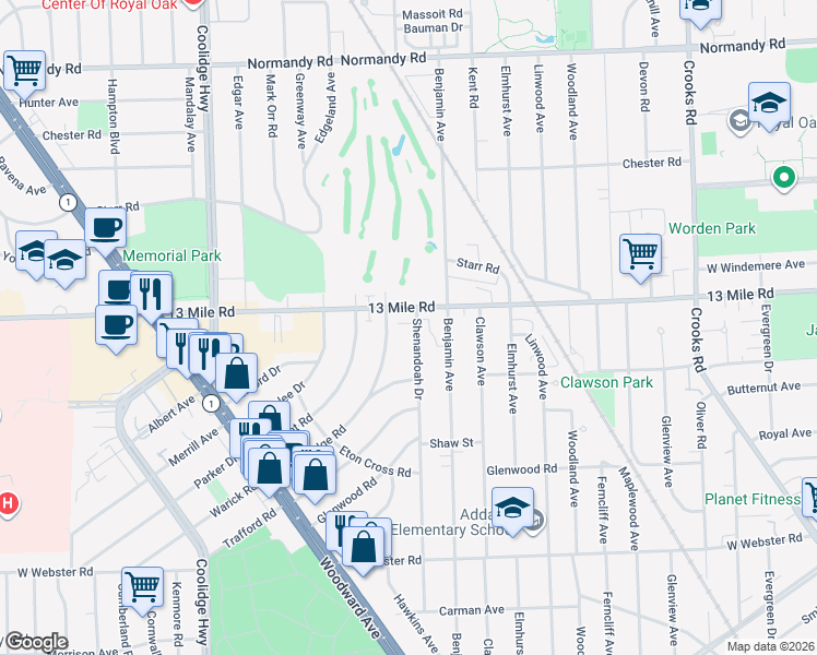 map of restaurants, bars, coffee shops, grocery stores, and more near 2617 Bembridge Road in Royal Oak