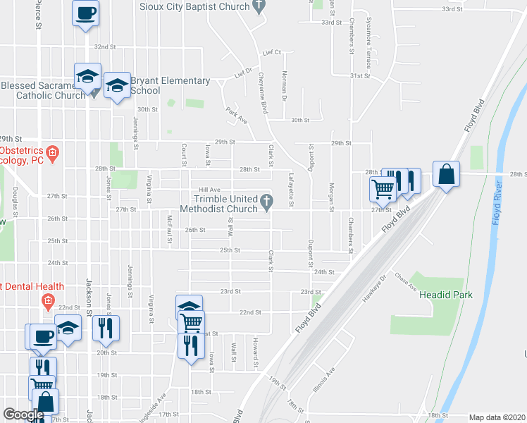 map of restaurants, bars, coffee shops, grocery stores, and more near 1498 27th St in Sioux City