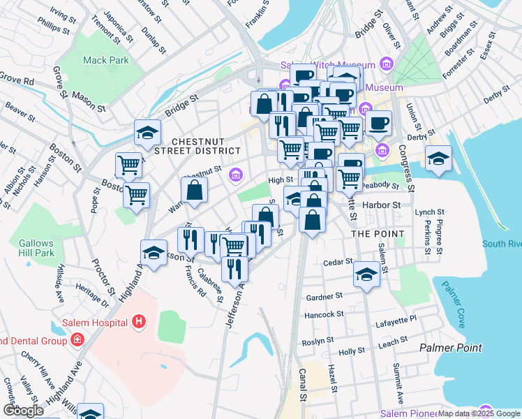 map of restaurants, bars, coffee shops, grocery stores, and more near 11 Mount Vernon Street in Salem