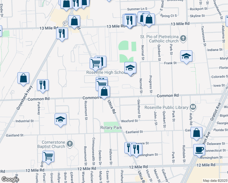 map of restaurants, bars, coffee shops, grocery stores, and more near 30010 Utica Road in Roseville