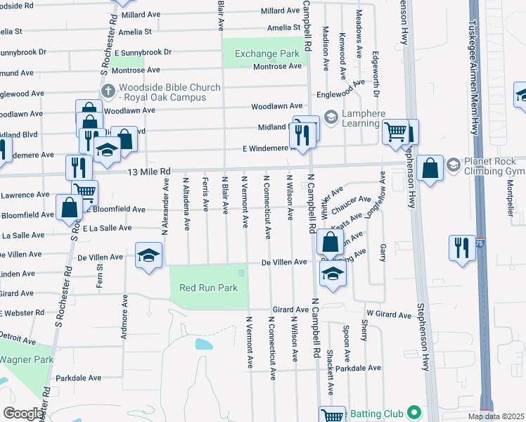 map of restaurants, bars, coffee shops, grocery stores, and more near 3035 North Connecticut Avenue in Royal Oak