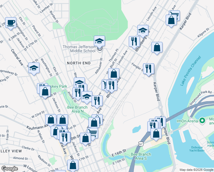 map of restaurants, bars, coffee shops, grocery stores, and more near 814 Lincoln Ave in Dubuque