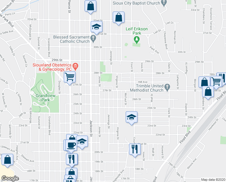 map of restaurants, bars, coffee shops, grocery stores, and more near 908 27th Street in Sioux City