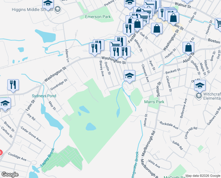 map of restaurants, bars, coffee shops, grocery stores, and more near 53 Blaney Avenue in Peabody