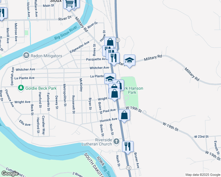 map of restaurants, bars, coffee shops, grocery stores, and more near 2303 Riverside Boulevard in Sioux City