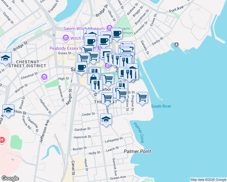 map of restaurants, bars, coffee shops, grocery stores, and more near 56 Harbor Street in Salem