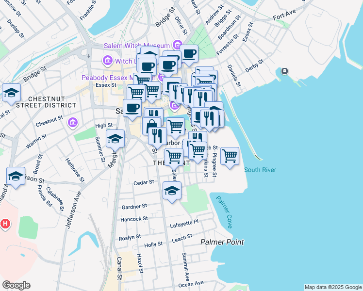 map of restaurants, bars, coffee shops, grocery stores, and more near 56 Harbor Street in Salem