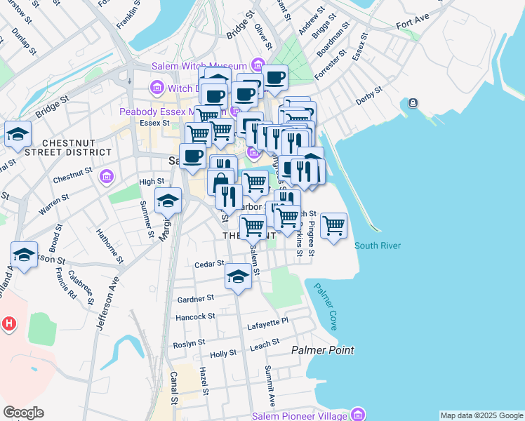 map of restaurants, bars, coffee shops, grocery stores, and more near 56 Harbor Street in Salem