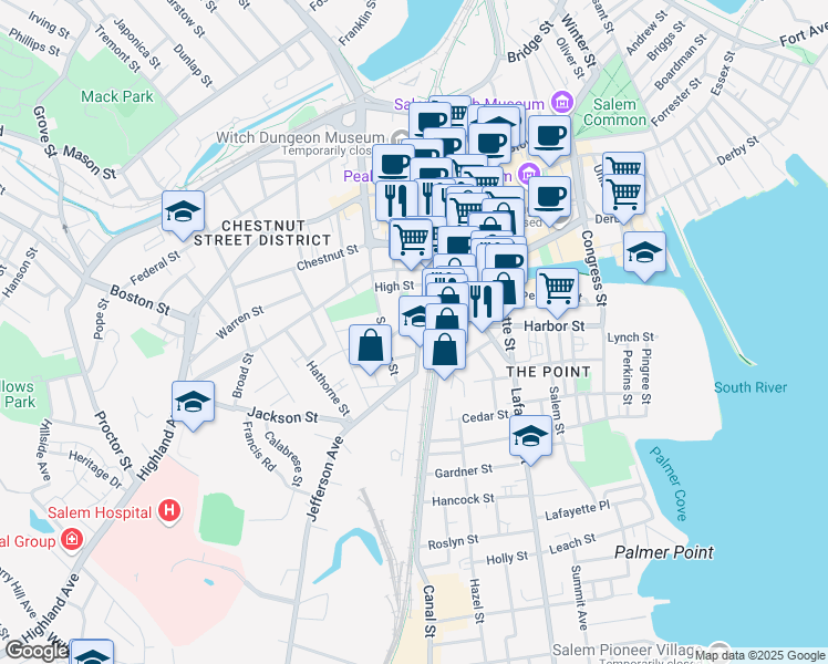 map of restaurants, bars, coffee shops, grocery stores, and more near 4 Canal Street in Salem