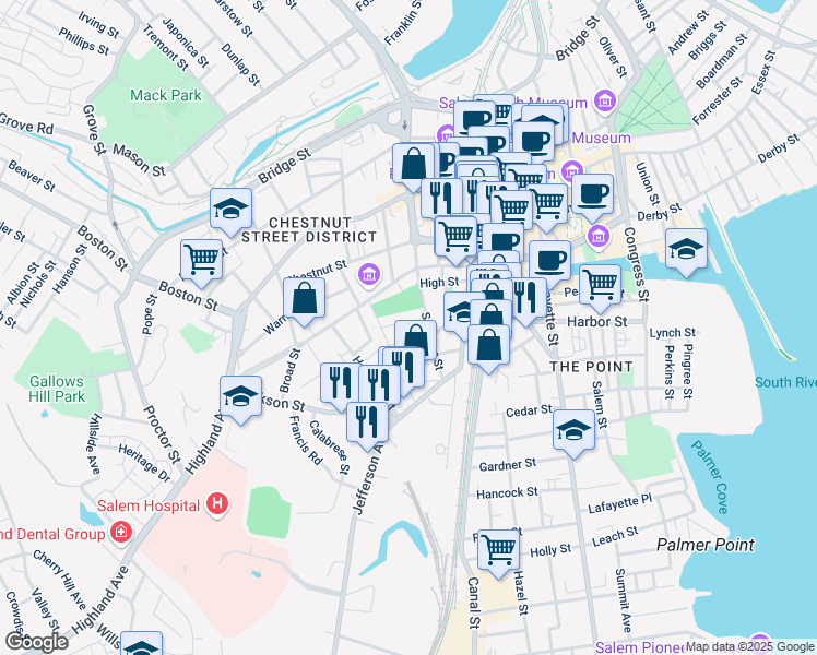 map of restaurants, bars, coffee shops, grocery stores, and more near 11 Mount Vernon Street in Salem