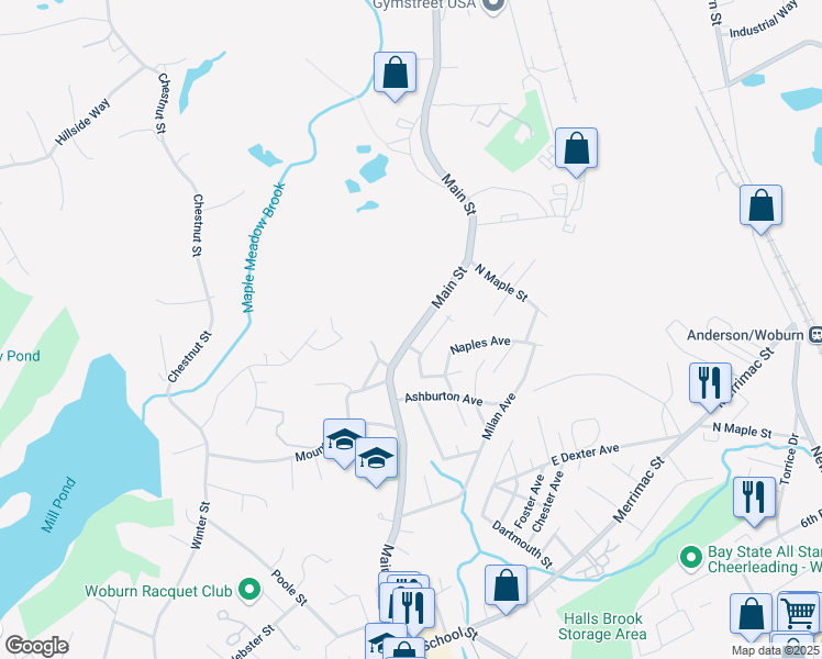 map of restaurants, bars, coffee shops, grocery stores, and more near 1043 Massachusetts 38 in Woburn