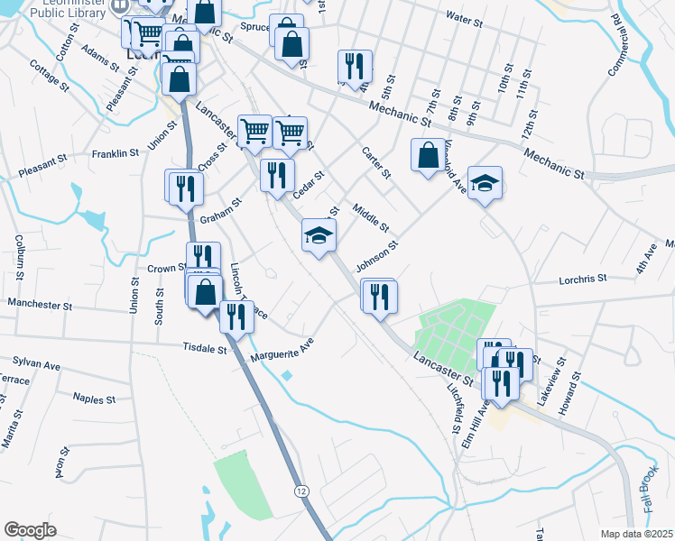 map of restaurants, bars, coffee shops, grocery stores, and more near 226 Lancaster Street in Leominster